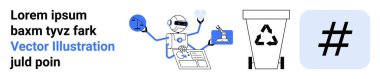 Robot cihazlarla etkileşime giriyor, geri dönüşüm kutusu ve meta veri etiketi tutuyor. Sürdürülebilirlik, otomasyon, teknoloji, yapay zeka, çevre dostu yenilik, dijital platformlar, basit iniş sayfası için ideal