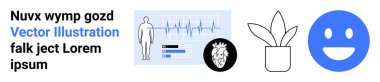 Sağlık, anatomi, tanı, sağlık, doğa, duygular. Tıbbi çizelge, insan figürü kalp grafiği saksı ve gülen yüz. Sağlık ve refah görselleştirme kavramı