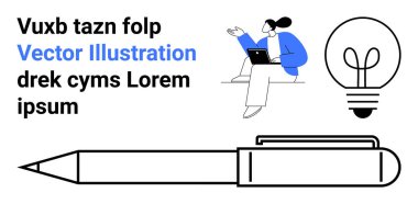 Yaratıcılık, beyin fırtınası, iş çözümleri, yenilik, fikir üretimi, eğitim. Bir kalem, bir ampul ve dizüstü bilgisayarı olan biri. Yaratıcılık ve beyin fırtınası konsepti