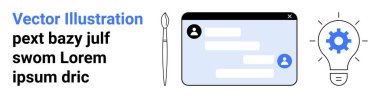 Kullanıcı arayüzü, yaratıcı çözümler, takım çalışması, iletişim, beyin fırtınası, teknoloji. Avatarlarla mesajlaşma ekranı, ampul dişlisi ikonu ve tasarım kalemi. Kullanıcı arayüzü ve yaratıcı çözümler