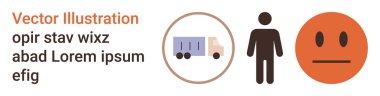 Lojistik, ulaşım, insan etkileşimi, duygu, kavramsal illüstrasyon, iletişim. Bir kamyon, insan figürü ve temiz grafik tasarımında gösterilen nötr yüz ikonu. Lojistik ve insan