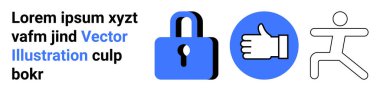 Güvenlik, onay, fitness, kişisel güvenlik, egzersiz, aktivite. Mavi bir asma kilit, mavi bir çemberin üzerinde baş parmak işareti ve çalışan bir kişinin ana hatları. Güvenlik ve onay kavramı