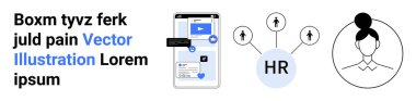 İnsan kaynakları, adam toplama, ağ oluşturma, dijital iletişim, iş yönetimi, online platformlar. Simgeli akıllı telefon, HR diyagramı kullanıcı profili simgesi. İnsan kaynakları ve adam toplama kavramı
