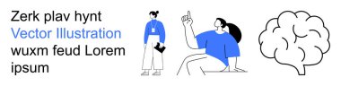 Eğitim, beyin fırtınası, takım çalışması, öğrenme, yaratıcılık, bilişsel süreçler. Dinamik pozlarda iki karakter ve minimalist bir kompozisyonda bir beyin çizimi. Beyin fırtınası ve öğrenme