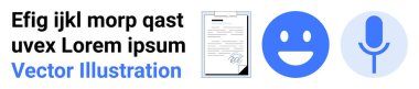 İletişim, medya, içerik oluşturma, kullanıcı etkileşimi, veri kaydı, dijital araçlar. İçinde belge, gülen yüz ve mikrofon olan mavi simgeler. İletişim ve kullanıcı etkileşimi
