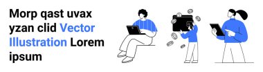 Uzaktan çalışma, dijital finans, çevrimiçi iletişim, modern iş, teknoloji yaşam tarzı, takım çalışması. Dizüstü bilgisayarlar, tabletler ve bir cüzdan ikonu ile çalışan karakterler. Uzak çalışma ve dijital finans kavramları