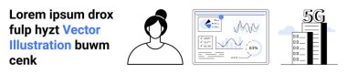 Veri iletişimi, 5G ağları, teknoloji, analitik, bağlantı, uzaktan çalışma. Bir kadın avatar, veri tabloları ve 5G sembolü. 5G ağları ve teknoloji sembolizmi