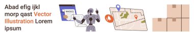 Yapay zeka, paket takibi, otomasyon, lojistik, navigasyon, nakliye. Robot dijital arayüz, teslimat haritası ve kutularla etkileşime geçiyor. Yapay zeka otomasyonu ve paket izleme kavramı
