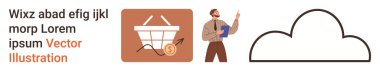 Çevrimiçi iş, teknoloji hizmetleri, e-ticaret platformları, finansal büyüme, bulut teknolojisi, veri depolama. Haritalı alışveriş sepeti, pano bulutları taşıyan iş adamı. E-ticaret platformları