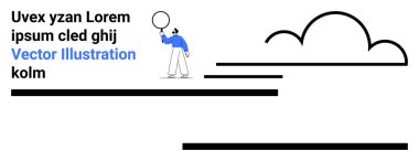 Balon tutan yürüyen figür, basit tipografi, soyut çizgi ve bulut süslemeleri. Modern tasarım, tanıtım materyali, markalaşma, pazarlama, sosyal medya, bloglar için ideal