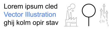 Endüstri, büyüme, yenilik, iş analizi, teknoloji, verimlilik. Duman, büyüteç ve yukarı bakan oklarla dolu bir fabrika. Endüstri ve büyüme kavramları