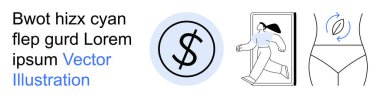 Finans, sağlık, egzersiz, hareket, minimalizm, modern tasarım. Dolar işareti, kadın döner oklarla bel kafesinden çıkıyor. Yaratıcı tasarımlardaki finans ve sağlık kavramları