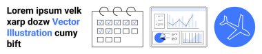 Kontrol edilen takvim, çizelgeli analiz paneli, planlama, analiz ve seyahati temsil eden uçak ikonu. Zamanlama için ideal, iş stratejisi, veriye dayalı kararlar, havacılık zamanı