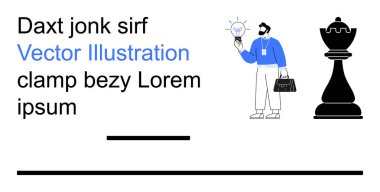 İş stratejisi, yenilik, yaratıcı düşünce, liderlik, karar verme, kurumsal planlama. Satranç taşıyla ampul tutan bir profesyonel. İş stratejisi ve yenilik kavramı