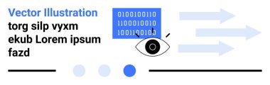 İkili kod, gözlemi sembolize eden bir göz ve veri akışını temsil eden yön okları. Analiz, makine öğrenimi, veri bilimi, bilişim, yapay zeka, siber güvenlik teknolojisi ve basit bir