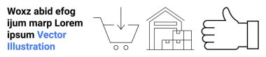 E-ticaret, lojistik, envanter yönetimi, tedarik zinciri operasyonları, online alışveriş, müşteri memnuniyeti. Minimalist ikonlar alışveriş arabası, depo onayı. E-ticaret ve lojistik kavramlar
