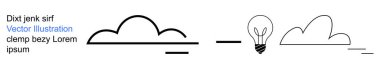 Yenilik, yaratıcılık, beyin fırtınası, bulut depolama, veri, minimalizm. Çizgileri olan minimalist bulut ve ampul çizimi. Yenilik ve yaratıcılık kavramsal tasvirler