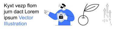 Çevrimiçi güvenlik, veri güvenliği, kişisel büyüme, dijital koruma, yenilik ve teknoloji. Kalkanı olan bir kişi bir kilit, büyüyen bir bitki ve yukarı doğru oklar. Çevrimiçi güvenlik ve veri güvenliği