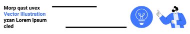 Yenilik, takım çalışması, beyin fırtınası sunumlar, yaratıcı süreç, problem çözme. Mavi dairedeki ampul ikonuna bakan adam. Yenilik ve beyin fırtınası kavramları