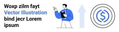 İş büyümesi, finansal planlama, pazarlama stratejisi, ekonomik eğilimler, hedef başarı, veri analizi. Metni işaret eden bir kişi ve para birimi simgesinin yanında yukarı doğru bir ok. İş büyümesi
