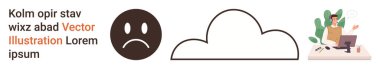 Duygusal ifade, çevrimiçi depolama, yaratıcı çalışma alanları, dijital iletişim, serbest çalışma, çalışma alanı dekorasyonu. Üzgün yüz ikonu, bulut şekli ve masada bir insan. Duygusal ifade