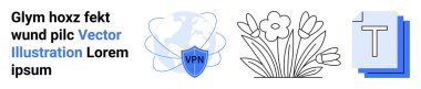Kimlik koruması, çiçek dekoru, çevrimiçi güvenlik, belgeler, yaratıcılık, dijital iletişim. Dünya 'nın VPN kalkanı, metin için ana hatlı sembolde çiçekler. Kimlik koruması ve çiçek dekoru