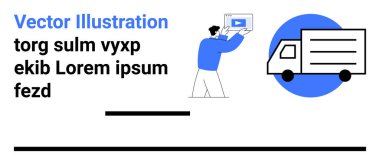 Adam video içeriğini mavi ve siyah aksanlı dağıtım kamyonu resimleriyle sunuyor. Lojistik, e-ticaret, teknoloji, eğitim, pazarlama, eğitim ve basit iniş sayfası için ideal