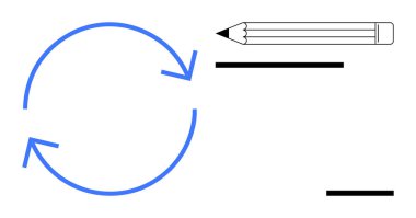 Çalışma, süreç iyileştirme, tasarım, yaratıcılık, fikir geliştirme, görev yönetimi. Kalem ve çizgilerin yanında mavi dairesel oklar. Çalışma akışı ve süreç iyileştirme kavramları