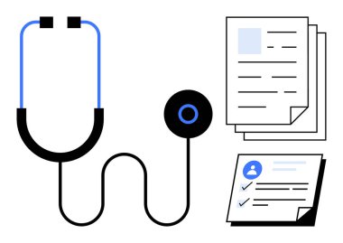 Stetoskop, teşhis, sağlık hizmetleri, kayıtlar ve hasta takibini yansıtan dağınık tıbbi formlarla eşleştirildi. Sağlık, veri yönetimi, ilaç, raporlar, yönetim için ideal