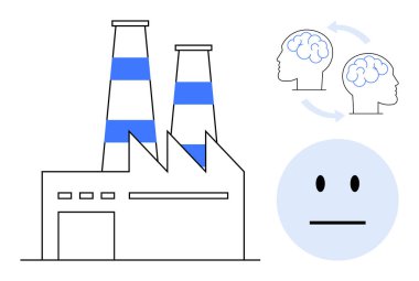 Çevresel etki, akıl sağlığı, sanayileşme, bilişsel bilim, insan duyguları, kirlilik farkındalığı. Bacaları, beyin döngüsü ve tarafsız yüzü olan bir fabrika. Çevresel etki ve zihinsel