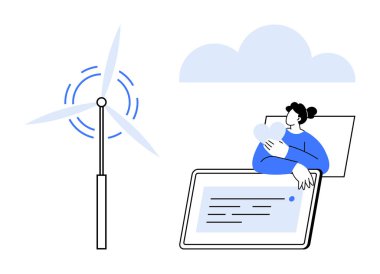 Yenilenebilir enerji. Yenilenebilir enerji kavramı rüzgar türbini, bulut hesaplama ve dijital teknoloji kullanan bir insan. Sürdürülebilirlik ve yenilik bağlayan yenilenebilir çözümler. Yeşil enerji için