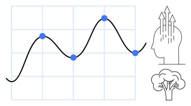 Veri analiz konsepti. Grafiksel eğilimler veri içgörüleri, büyüme zihniyeti yenilikleri ve ağaç ikonu sürdürülebilirliğini yansıtır. Teknoloji, eğitim ve çevre için ideal. Veri gösterimi, ilerleme