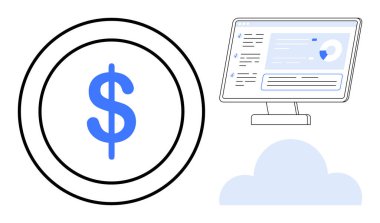 Fintech, online bankacılık, bulut hesaplama, veri analizleri, dijital finans, iş araçları. Dolar işareti simgesi, analizli bilgisayar ekranı ve bulut sembolü. Fintech ve online bankacılık