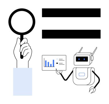 Veri tablosu ve el ele tutuşan büyüteç sunan robot analizi, araştırmayı, yapay zeka işbirliğini ve eşitliği simgeliyor. Teknoloji, veri bilimi, eğitim, iş dünyası, otomasyon yeniliği için ideal