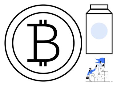 Kripto para birimi, engelleme zinciri ekonomisi, takım çalışması, finans teknolojisi, dijital para birimi, işbirliği. Bitcoin logosu, karton taslak ve birlikte çalışan karakterler. Kripto para birimi ve takım çalışması