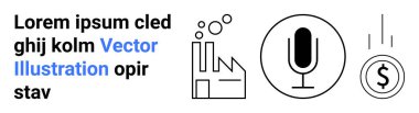 Endüstri, ses kaydı, ekonomi, üretim, yenilik, finans. Fabrika, mikrofon ve lorem ipsum yazılı sikke içeren minimalist çizgi sanat simgeleri. Sanayi ve ses kayıt kavramları