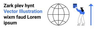 Küresel ağ, veri paylaşımı, yenilik, üretkenlik, ilerleme, iletişim. Bir küre sembolü, yukarı bakan bir ok ve bir aletle etkileşen bir insan. Küresel ağ ve veri
