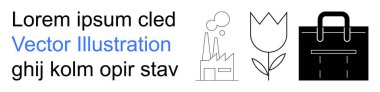 İş, çevre, doğa, endüstri, iş ve büyüme. Minimalist simgeler bir fabrika, lale ve evrak çantası yanında yer tutucu metin. İş ve çevre teması kavramı