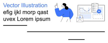 Veri analizi, çevrimiçi iletişim, ticari araçlar, takım işbirliği, e-posta pazarlama, iş akışı yönetimi. Çizelgeleri ve vites simgelerini gösteren bir kadın. Veri analizi ve çevrimiçi iletişim