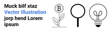 Kripto para, yenilik, iş, finansal büyüme, problem çözme, yeni fikirler. En küçük simgelerde Bitcoin bitkisi, büyüteç ve ampul bulunur. Kripto para birimi ve finansal büyüme kavramı
