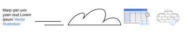 Bulut hesaplama, veri depolama, dijital iş akışı, teknoloji entegrasyonu, online veritabanı, bulut hizmetleri. Minimalist çizgi çizimi bir bulut, veri tablosu ve bulut depolama simgesi içerir