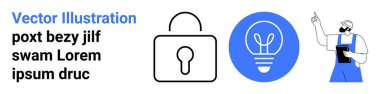 Siber güvenlik, yenilik, tasarım düşünme, sunum araçları, eğitim, yaratıcılık. Ampul ve asma kilit simgeleri ve ekranı gösteren bir kişi. Siber güvenlik ve yenilikler