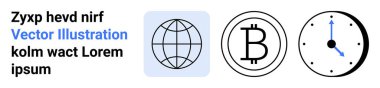 Kripto para birimi, küresel ağ, dijital ekonomi, zaman yönetimi, engelleme zinciri, finansal teknoloji. Küre sembolü, Bitcoin simgesi ve saati gösteren saat. Kripto para birimi ve küresel ağ kavramı