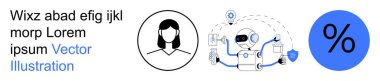 Yapay zeka, otomasyon, kullanıcı profili, makine öğrenmesi, dijital iş akışı, veri analizi. Kadın profil simgesi, bağlı varlıkları ve yüzde sembolü olan bir robot. Al ve Otomasyon