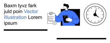 Üretkenlik, zaman yönetimi, görev planlaması, verimlilik, iş hedefleri, işyeri organizasyonu. Tablet ve kontrol listesi olan resimli bir kişi, yanında da bir saat. Verimlilik ve zaman