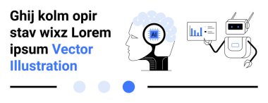 Parlak sinirsel ağlı yapay zeka beyni, veri grafikleri sunan robot. Yapay zeka, yenilik, veri bilimi, eğitim, teknoloji, otomasyon için ideal, modern kavramlar basit iniş sayfası