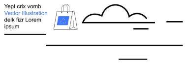 Çevrimiçi alışveriş, e-ticaret, dijital mağazalar, perakende satış teknolojisi, bulut depolama, veri alışverişi. Şekillendirilmiş bulut ve soyut çizgilerin yanında minimalist bir alışveriş çantası. Online alışveriş ve e-ticaret teması