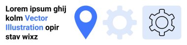 Ana hatları çizilmiş mavi konum işareti ve sağlam dişli simgeleri, yön bulma ya da işleme verimliliğini gösteriyor. İş için ideal, harita tasarımı, iş akışı, optimizasyon, analitik, uygulamalar, basit iniş sayfası