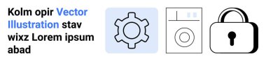 Ayarlar için vites simgesi, ev aletleri için çamaşır makinesi simgesi ve güvenlik için kilit simgesi. Teknoloji, hizmet, otomasyon, güvenlik, yönetim, akıllı aygıtlar için ideal basit iniş sayfası