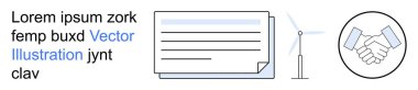 İş ortaklıkları, yenilenebilir enerji, sürdürülebilir hedefler, belge yönetimi, temiz enerji, işbirliği. Tokalaşma simgesi, türbin ve belge çizimi. İş ortaklıkları ve yenilenebilir kaynaklar